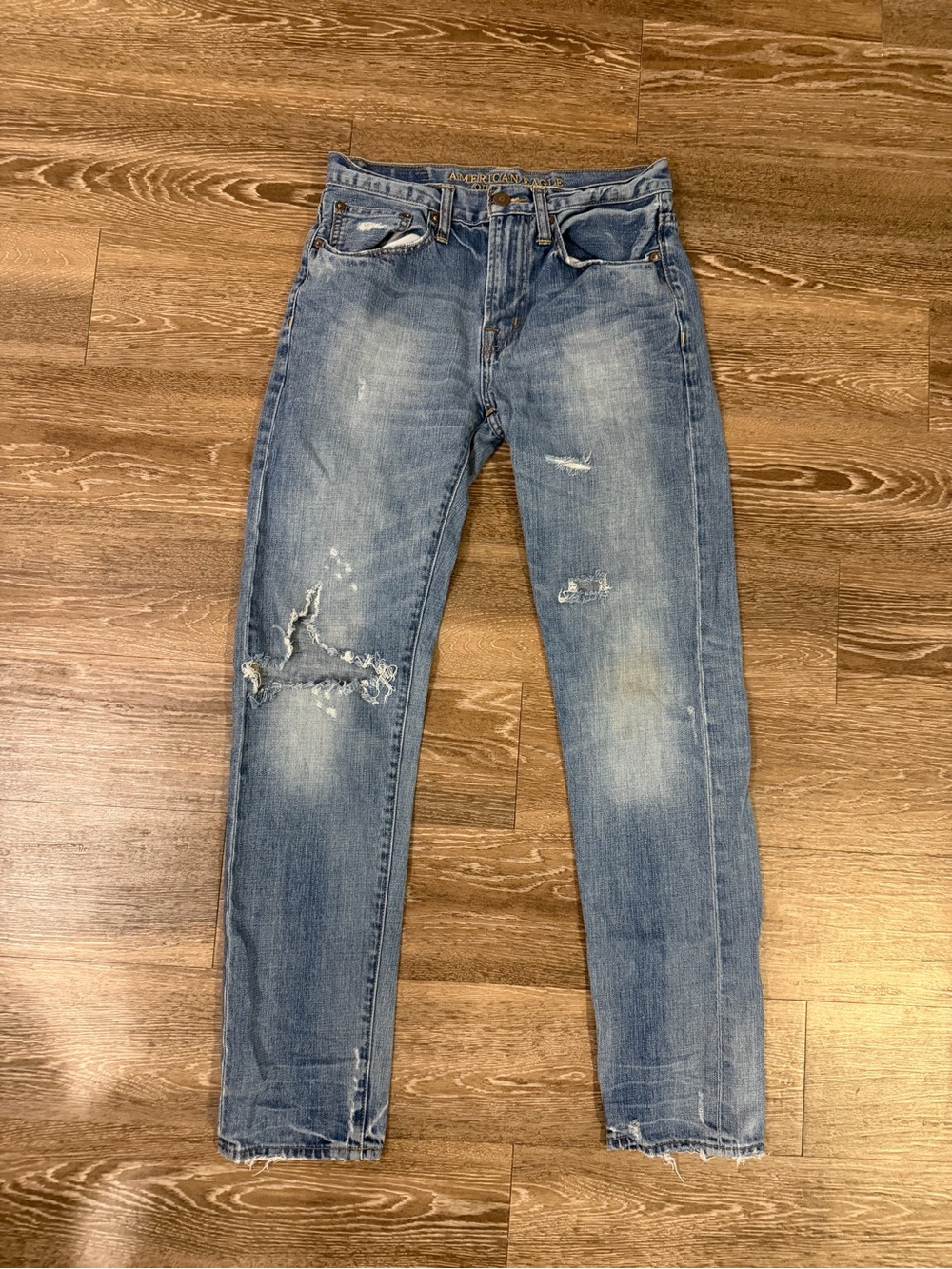 American Eagle Outfitters Distressed Light Blue Slim Straight Jeans Long